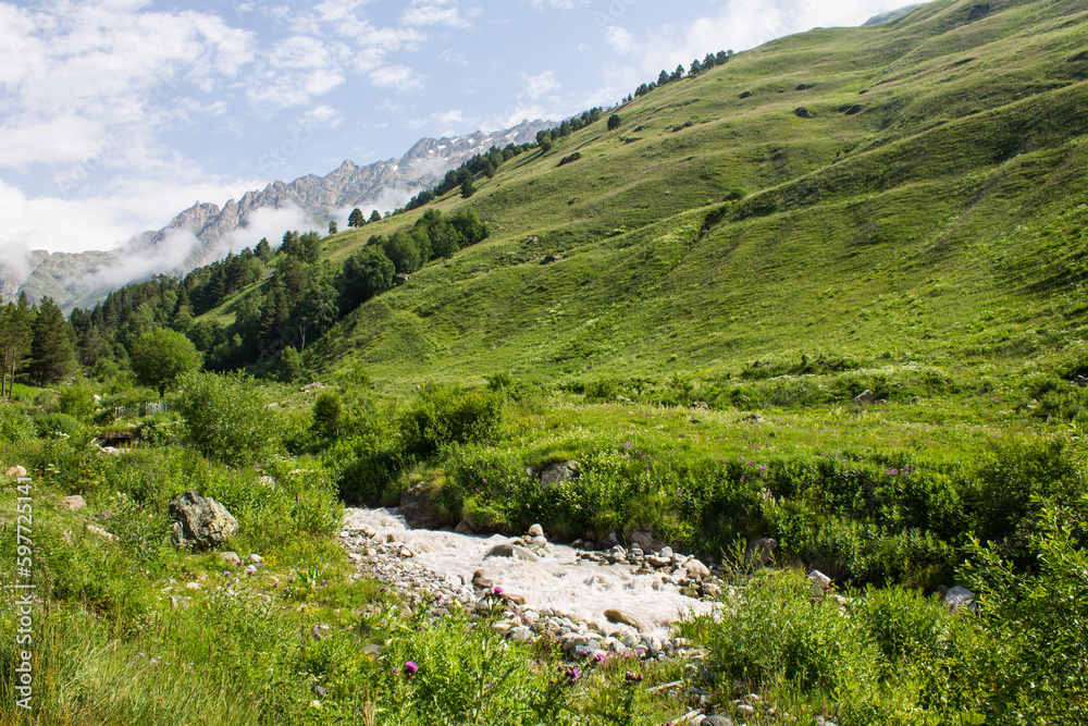 Mountain river Terskol with rocky banks and in a valley from a hill and with green grass in the Elbrus region in the North Caucasus and copy space Mountain river Terskol with rocky banks and in a valley from a hill and with green grass in the Elbrus region in the North Caucasus and copy space
