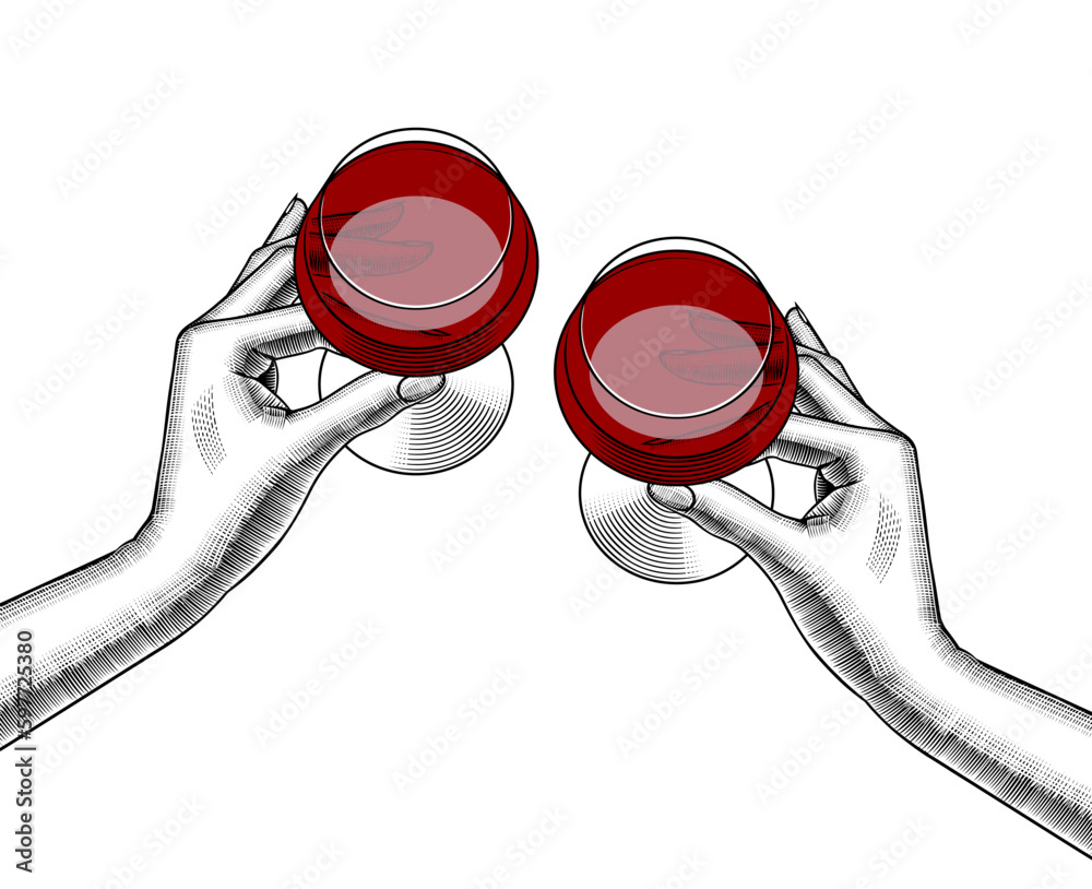 Hands holding a glasses with red wine. Friends raising a toast with ...
