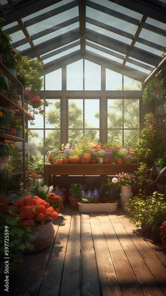 A greenhouse filled with potted plants and flowers, with a skylight overhead and soft. generative ai.