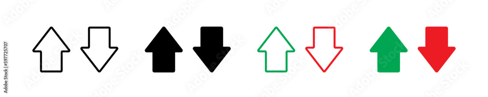 Up and down arrow vector icon. Upward, downward arrows in green and red Vector Image. Up and down arrow vector icon. Upward, downward arrows in green and red Vector Image.