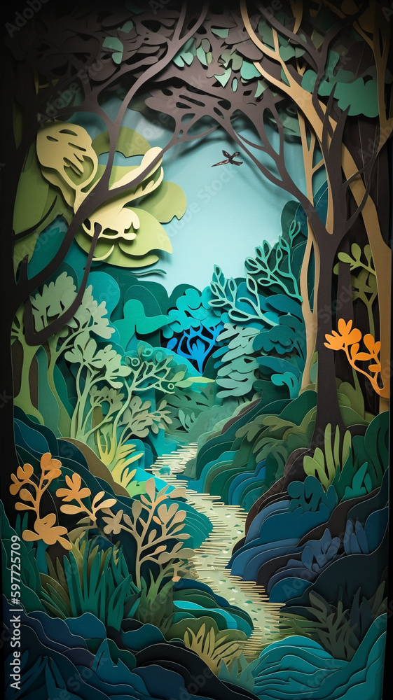 Paper cut-out diorama of a forest scene with a winding path and a stream, with trees, rocks and animals. generative ai