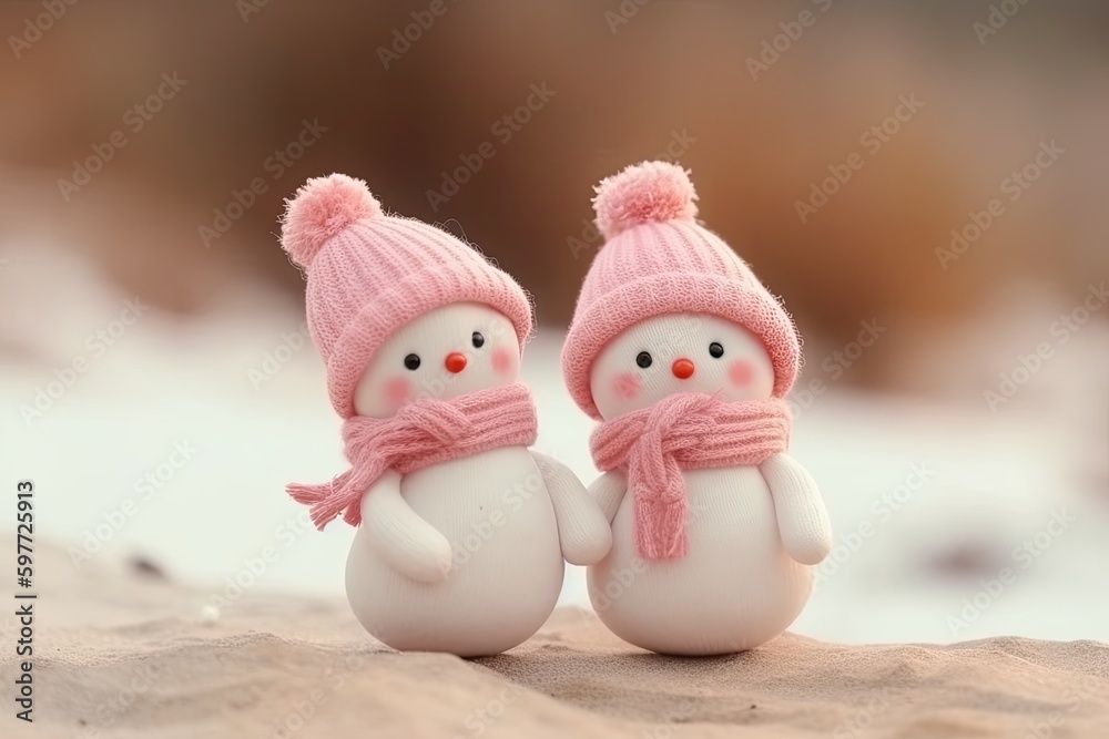 two cute snowmen with pink winter accessories. Generative AI two cute snowmen with pink winter accessories. Generative AI