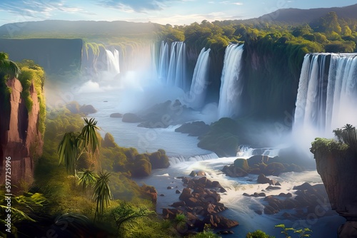 An aerial view of majestic waterfalls cascading down a cliff  with lush greenery in the background. Captured from an imaginary observation platform. AI Generative.
