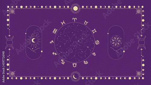 Magic banner for astrology, divination, Tarot card, magic. The device of the universe, crescent moon and sun on a purple background. Esoteric vector illustration, pattern, Vector illustration.
