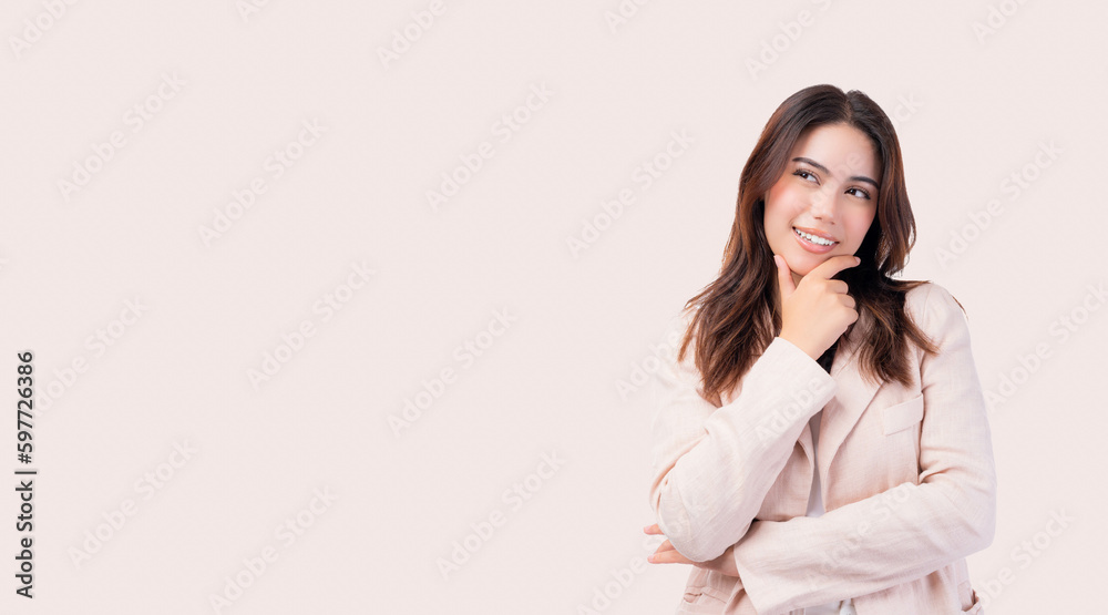 Planning thinking young woman looking to blank space Thinking business lady standing over isolated on pink background Happy Beauty girl thinking out of box with happy face Touch her chin Think Decide Planning thinking young woman looking to blank space Thinking business lady standing over isolated on pink background Happy Beauty girl thinking out of box with happy face Touch her chin Think Decide