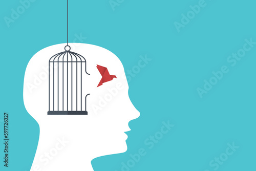 Flying bird and cage. Freedom. Idea. Free your mind concept. Emotion of freedom and happiness. Minimalist style.