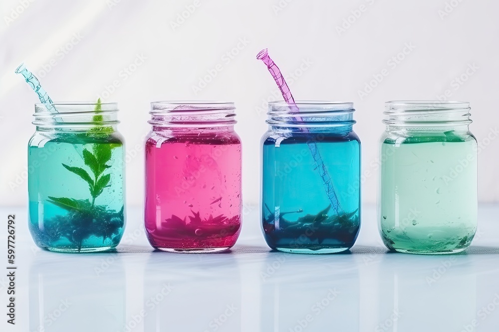 colorful row of jars filled with liquid. Generative AI colorful row of jars filled with liquid. Generative AI