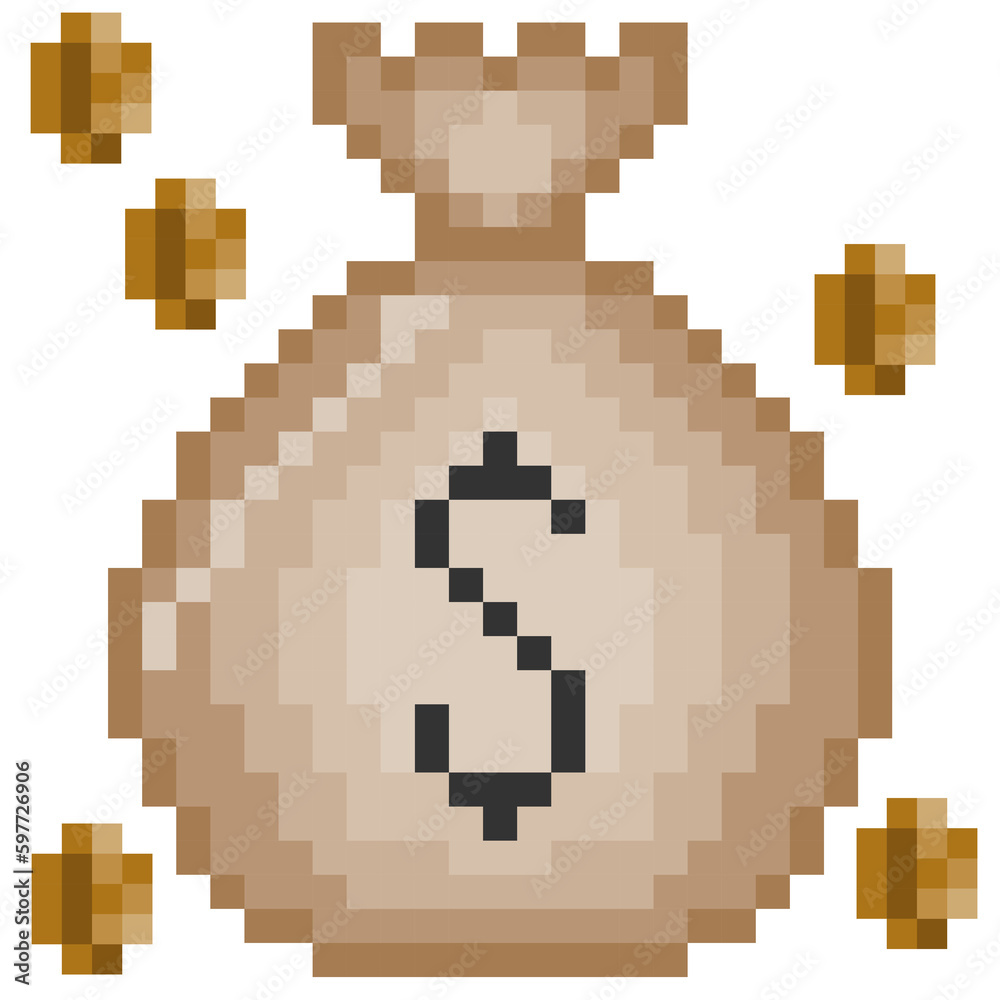 Minecraft Money bag 8bit pixels on Png transparent background Stock
