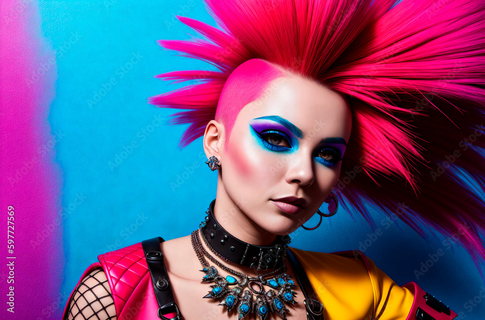 Obraz premium Young woman with bright appearance. Portrait of fashionable female with vivid image, style. Generative AI.