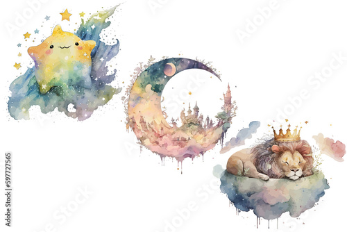 Safari Animal set a lion in a crown sleeps on a cloud, a crescent, a star in watercolor style. Isolated. Generative AI photo