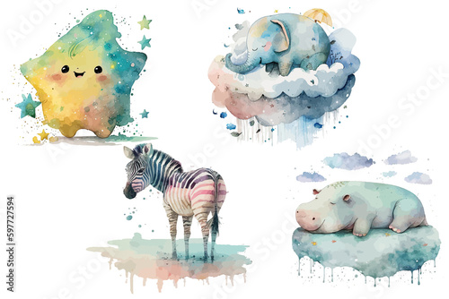 Safari Animal set zebra, elephant, hippo sleep on a cloud, a star in watercolor style. Isolated. Generative AI