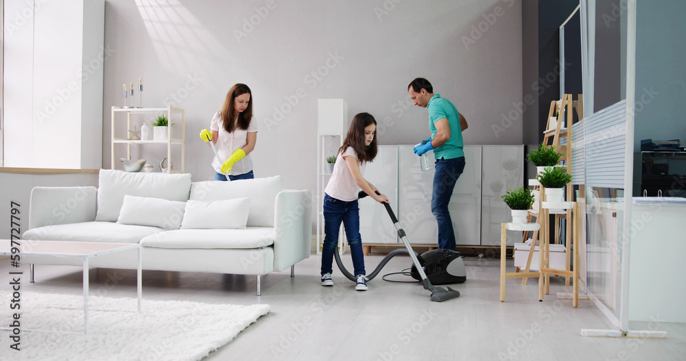 Family Housework Child Fun. Housewife And Girl Family Housework Child Fun. Housewife And Girl