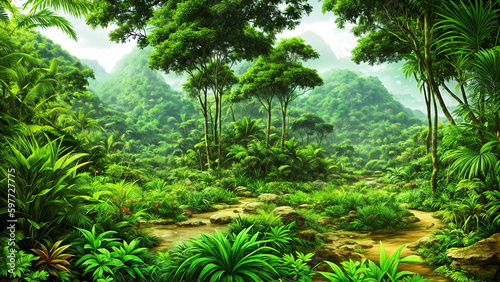 Green prehistoric jungle with lush vegetation and house