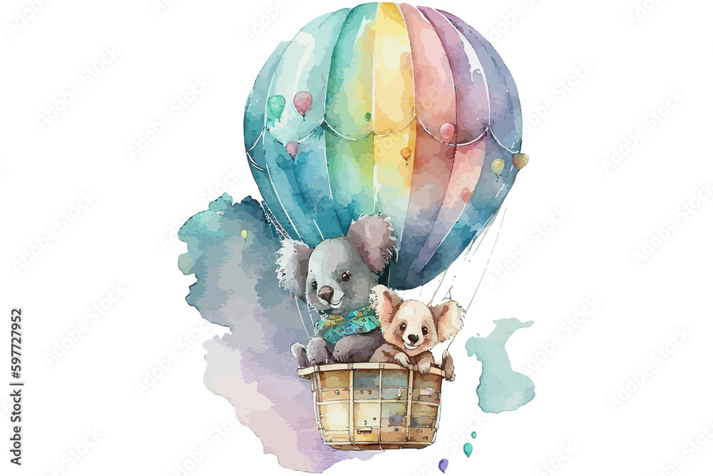 Fototapeta Safari Animal set mom and baby koala in hot air balloon in watercolor style. Isolated . Generative AI