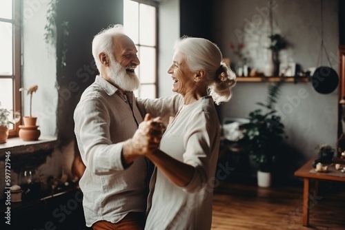 Keep moving. Romantic senior family couple wife and husband dancing to music together in living room. Happy life moments. Generative Ai. photo