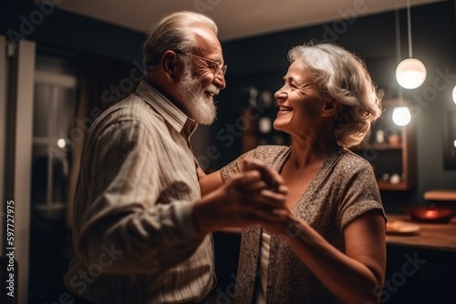 Keep moving. Romantic senior family couple wife and husband dancing to music together in living room. Happy life moments. Generative Ai.