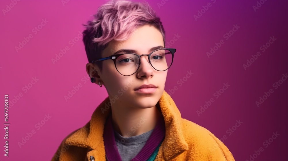 Non-binary adult teenager younger on color background. Generative ai. Non-binary adult teenager younger on color background. Generative ai.