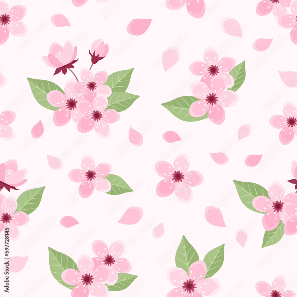 Pink cherry seamless pattern with flowers, buds and leaves on soft pink background. Sakura blossom pattern. Vector illustration in flat style