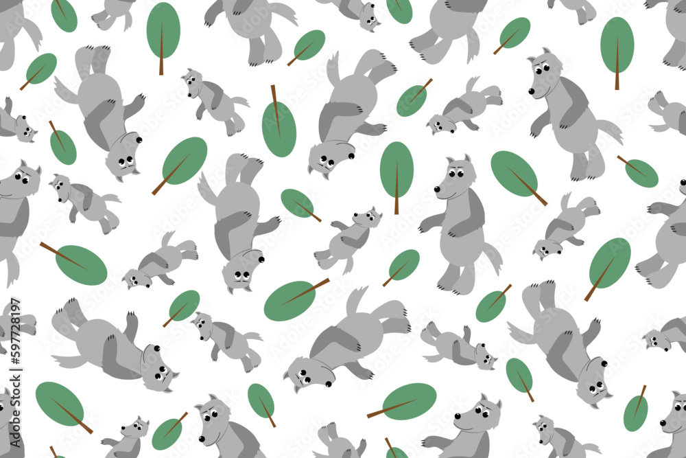 Seamless pattern with Wolf and tree. Grey Wolfs background. Wild animal endless ornament. Vector illustration. Children Wallpaper and bed linen print.
