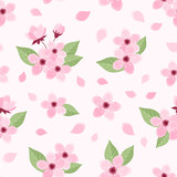 Pink cherry seamless pattern with flowers, buds and leaves on soft pink background. Sakura blossom pattern. Vector illustration in flat style