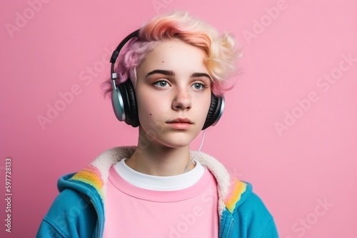 Non-binary adult teenager younger on color background. Generative ai. photo