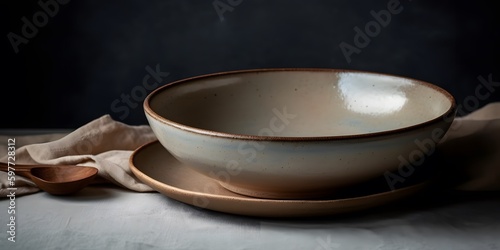 Different size plate and bowls on artistic background. Flat lay. Brown and natural color plates. Ceramic pottery. Generative Ai.