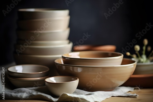 Different size plate and bowls on artistic background. Flat lay. Brown and natural color plates. Ceramic pottery. Generative Ai.