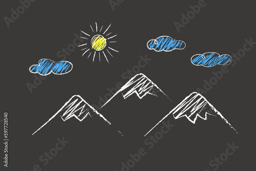 Mountains, Sun, clouds - scribbles drawn by a child's hand with colored pencils. Seascape illustration isolated on white background