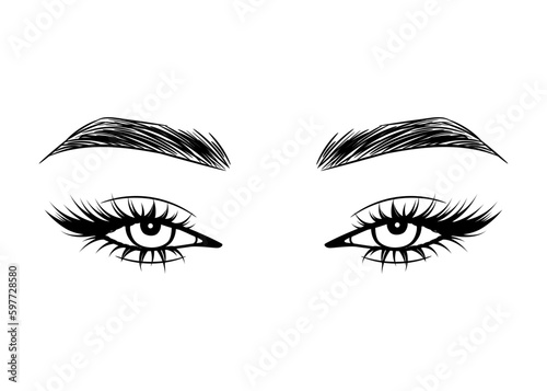 Vector Hand drawn beautiful female eyes with long black eyelashes and brows close up.