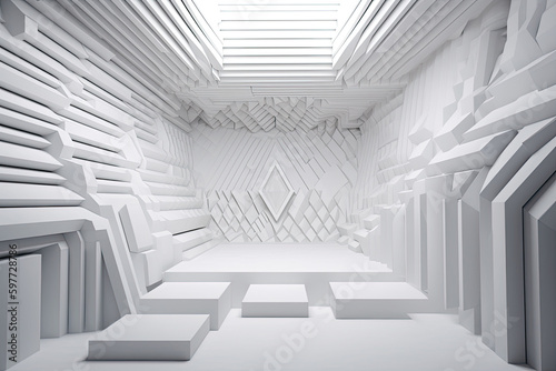 Beautiful abstract architecture background. 3D white intricate room. Modern Geometric Wallpaper. Futuristic Design. Textured background for presentation. AI generated.