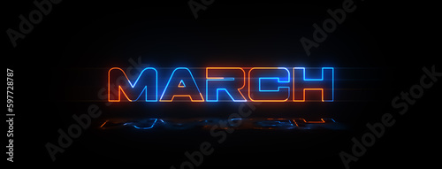 Futuristic Blue Orange March Lettering Neon Sign Horizontal Luminescence Banner With Light Reflections Against Black Background
