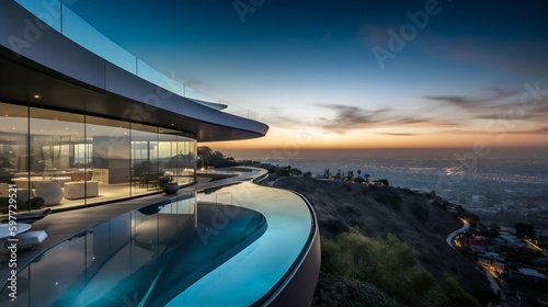 Modern Architectural Mansion with Pool on the Top of a Sinuous Hill. Generative ai