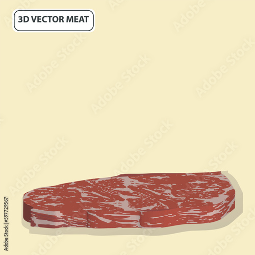 Fresh raw beef steak smoke isolated on background, top view 3d vector illustration