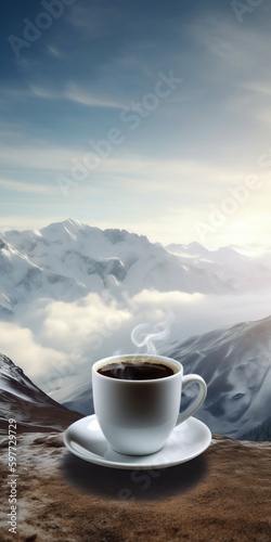 Cup of Coffee Above Mountains in Snow. Generative ai