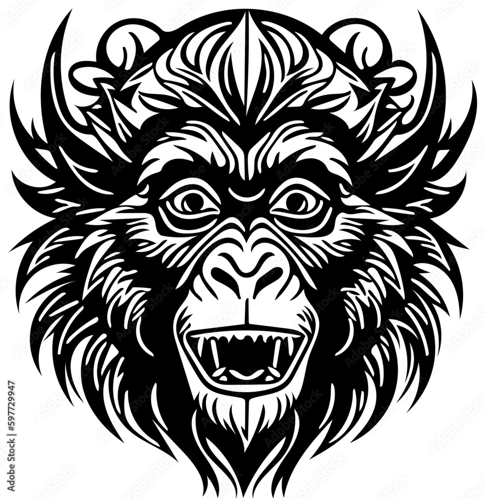 Vector illustration of a monkey face in black and white, chimpanzee drawing 