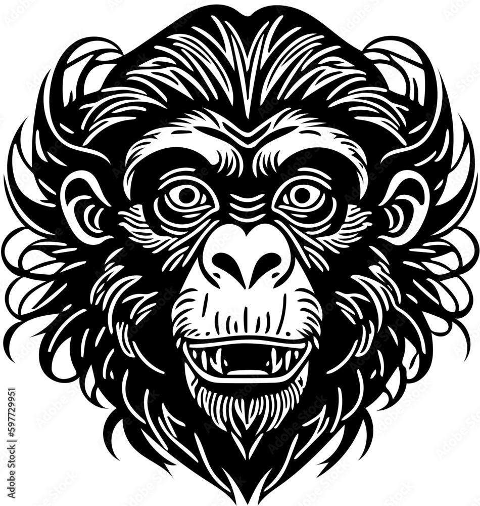 Vector illustration of a monkey face in black and white, chimpanzee drawing 