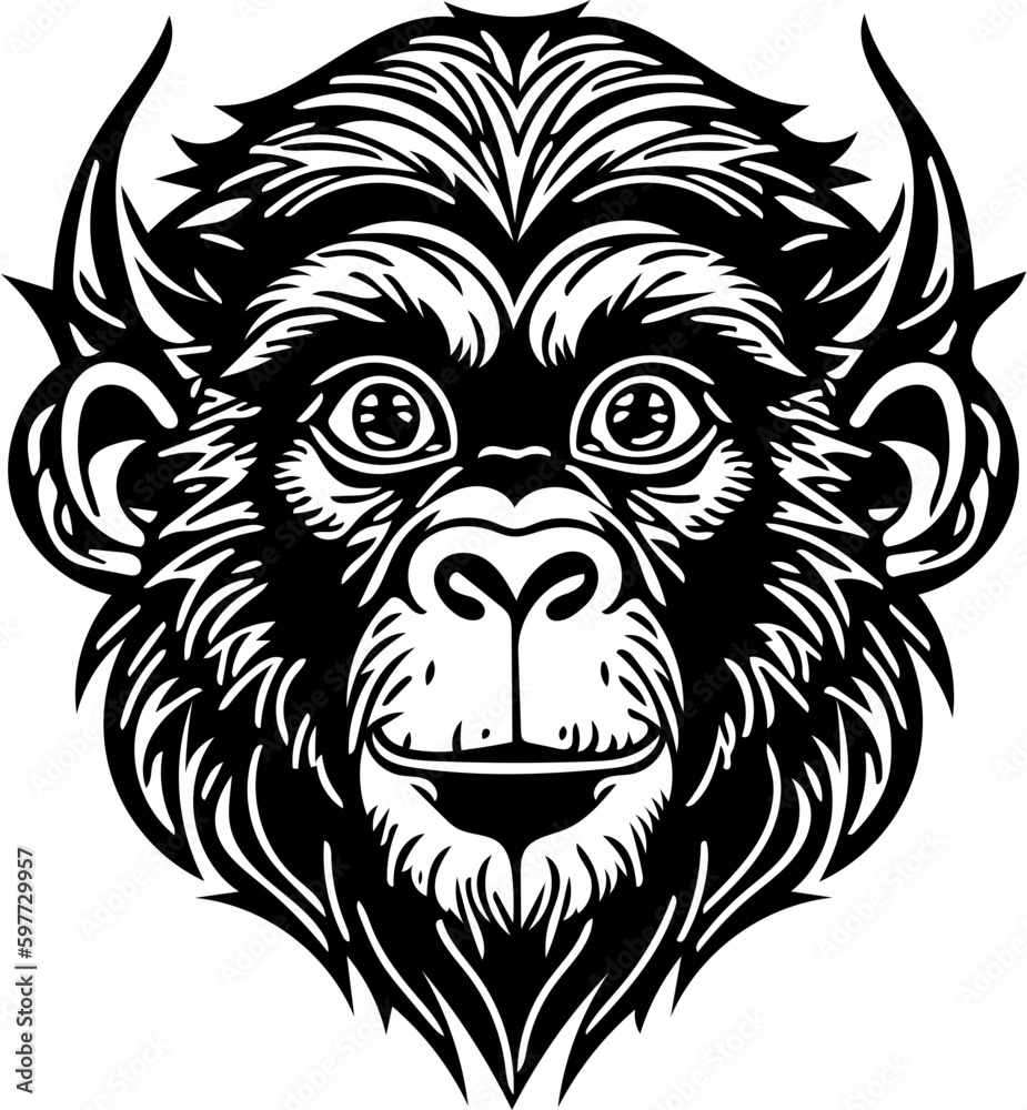 Vector illustration of a monkey face in black and white, chimpanzee drawing 