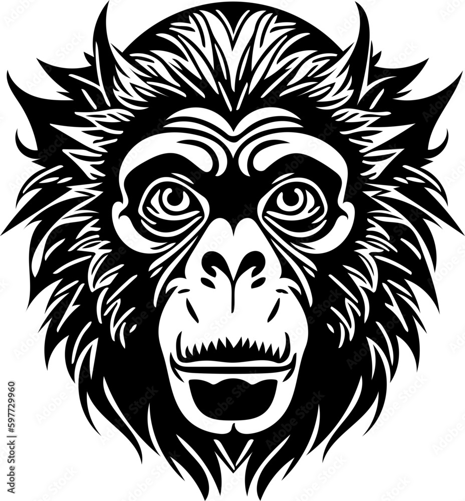 Vector illustration of a monkey face in black and white, chimpanzee drawing 