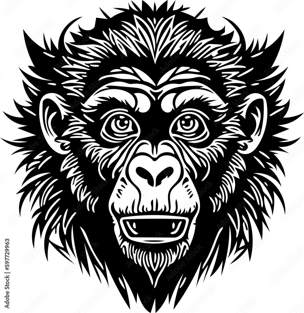 Vector illustration of a monkey face in black and white, chimpanzee drawing Vector illustration of a monkey face in black and white, chimpanzee drawing