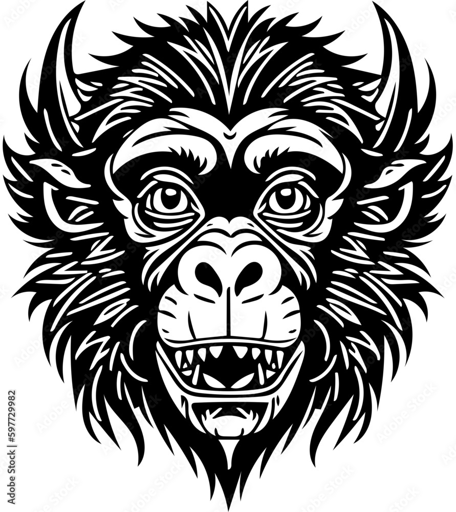 Vector illustration of a monkey face in black and white, chimpanzee drawing 