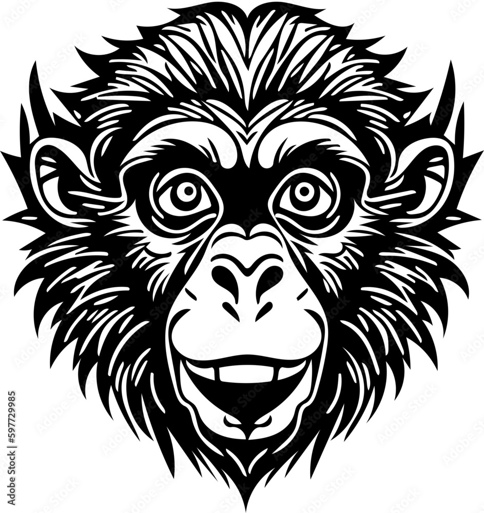 Vector illustration of a monkey face in black and white, chimpanzee drawing 