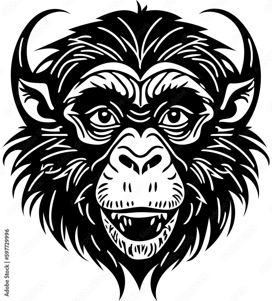 Vector illustration of a monkey face in black and white, chimpanzee drawing 