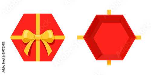 Open a Mystery Reward Hexagon red gift box with a yellow ribbon on isolated white background. Random secret loot box top view concept. Vector illustration cartoon flat design.