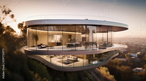 Modern Architectural Mansion with Pool on the Top of a Sinuous Hill. Generative ai