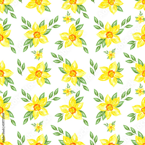 Hand drawn watercolor yellow abstract daffodil seamless pattern on white background. Gift-wrapping, textile, fabric, wallpaper.