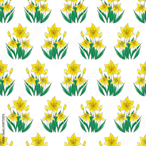Hand drawn watercolor yellow abstract daffodil bouquet seamless pattern on white background. Gift-wrapping  textile  fabric  wallpaper.