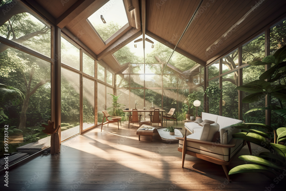 A living room filled with furniture and lots of windows. AI generative image, junglecore style interior illustration A living room filled with furniture and lots of windows. AI generative image, junglecore style interior illustration