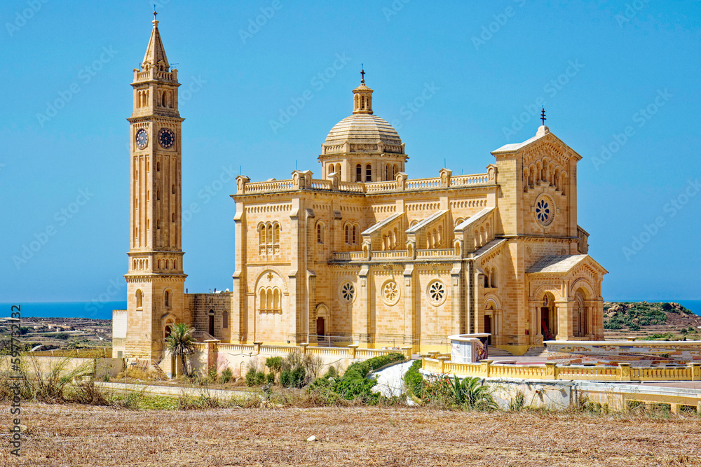 Church Basilica of the National Shrine of the Blessed Virgin of Ta' Pinu at Gozo Island on a sunny hot summer day. Photo taken August 10th, 2017, Gozo, Malta.