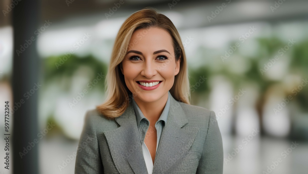 Portrait of businesswoman in grey suit with long, blonde hair on blurred background with mockup. Generative AI. Portrait of businesswoman in grey suit with long, blonde hair on blurred background with mockup. Generative AI.