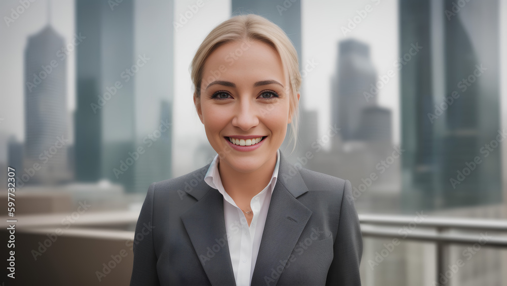 Portrait of business woman on blurry city background with mockup. Generative AI. Portrait of business woman on blurry city background with mockup. Generative AI.